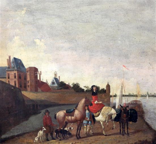 Flemish School Lady on horseback beside a jetty, 17.5 x 19in.